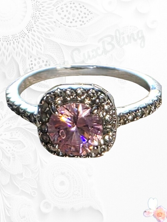 Jewelry - Pink Cubic Zirconia Halo Ring Size 8 Silver Tone